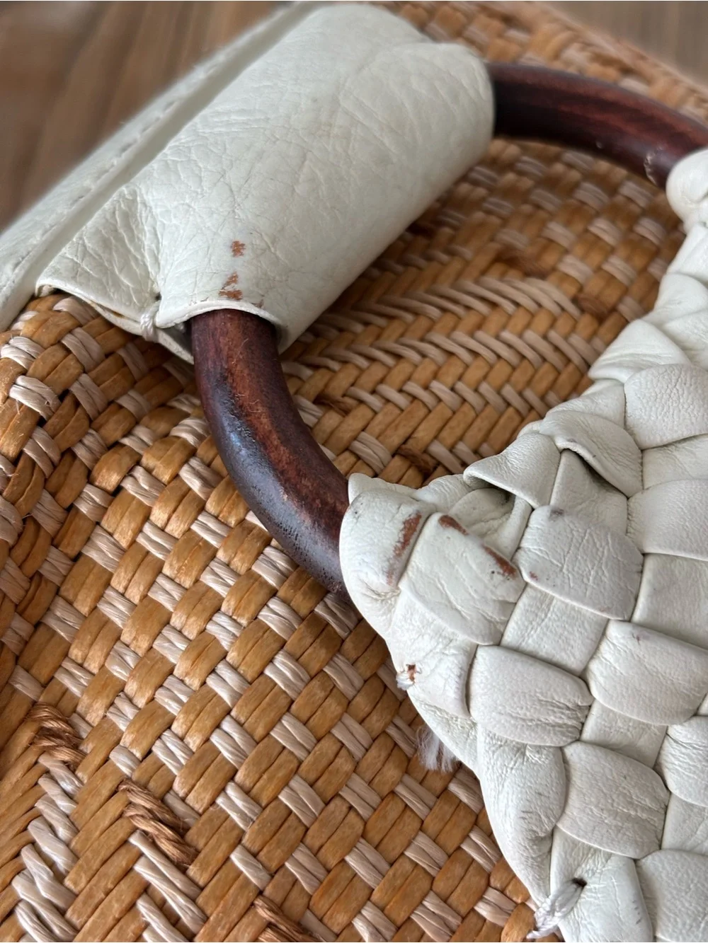 Cole Haan Tarran Tote Bag White Leather and Woven Straw